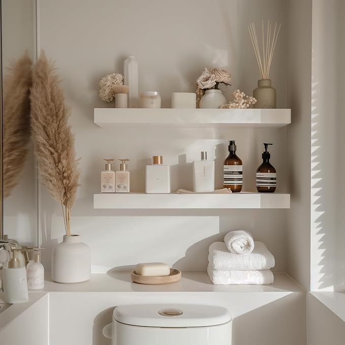 White Floating Shelves for Wall-24in Wall Mounted Display Ledge Shelves Perfect for Bedroom Bathroom Living Room and Kitchen Decoration Storage (Set of 2)