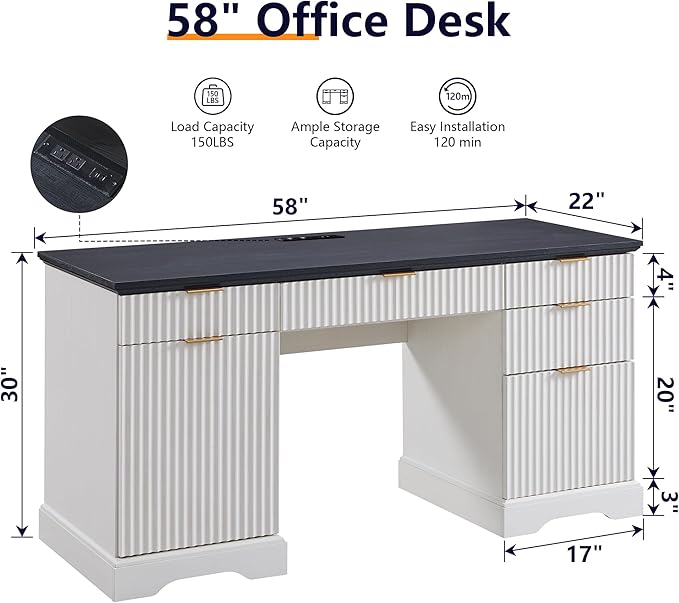 JXQTLINGMU 58" Modern Executive Desk with Storage, Wood Home Office Desk with 5 Drawers & 1 Cabinet, Fluted Computer Writing Desk for Study, Living Room, Bedroom, Antique White