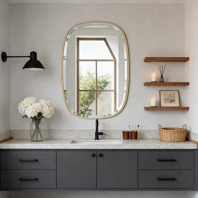 POZINO Bathroom Beveled Mirror, 32"x24" Brushed Gold Vanity Mirrors with Stainless Steel Frame, Rectangle Aesthetic Wall Mirror for Entryway Hallway Bedroom Living Room, Horizontal or Vertical Hanging