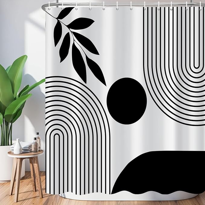 Boho Shower Curtain Mid Century Modern Shower Curtains for Bathroom Black and White Geometric Minimalist Abstract Bohemian Waterproof Fabric Bathroom Shower Curtain Set 72x72 Inch