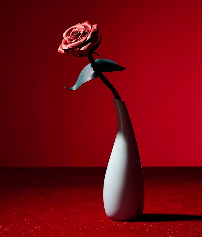 Handcrafted Genuine Leather Rose with Stem, Laser Silver Foil Gift Box Presentation, Lifelike Artisan Flower for 3rd Wedding Anniversary, Vase Included (Red, Deluxe)