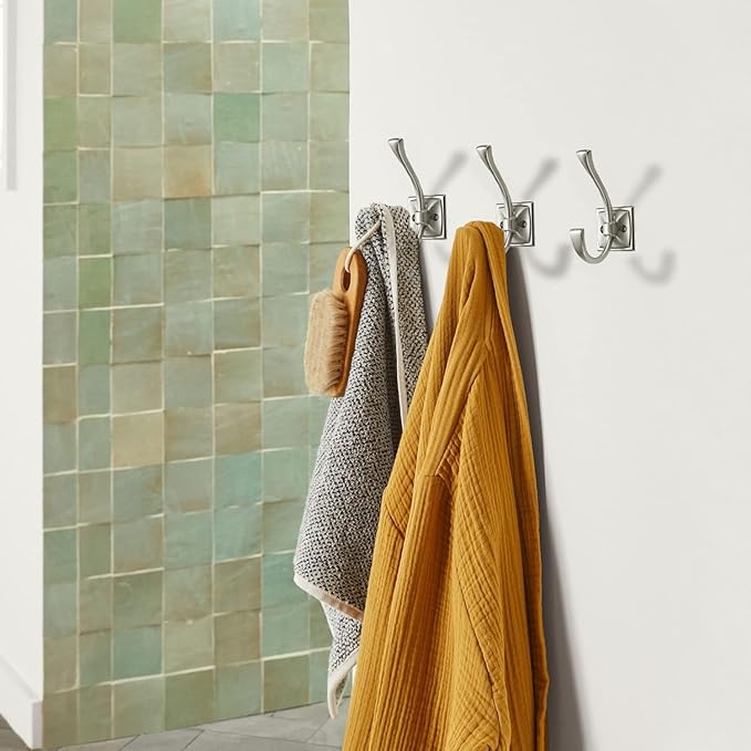 Large Wall Hooks 5 Pack Brushed Satin Nickel Coat Hooks Hardware Towel Hooks for Hanging Coats 4.35 Inch Double Robe Hooks Wall Mounted with Screws for Key, Towel, Bags, Cup, Hat