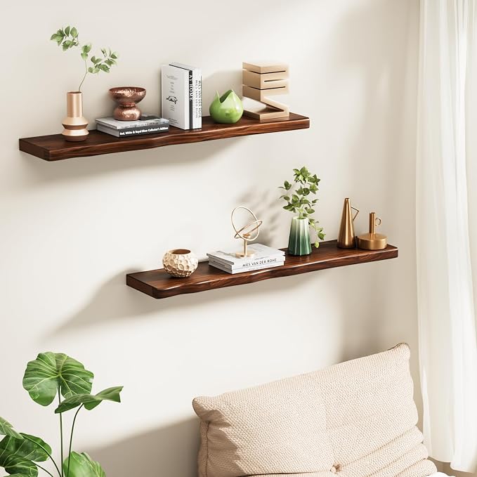 Solid Wood Live Edge Floating Shelves Set of 2 – 36" Rustic Wall Shelf with Hidden Bracket System, Wall Mounted Shelves for Bathroom, Kitchen, Living Room, Bedroom (Walnut)