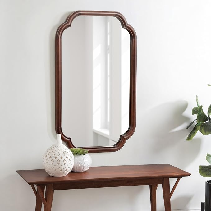 Kate and Laurel Glenby Traditional Scalloped Wall Mirror, 24 x 36, Walnut Brown, Wooden Farmhouse Bathroom Mirror with Rounded and Stepped Frame Profile