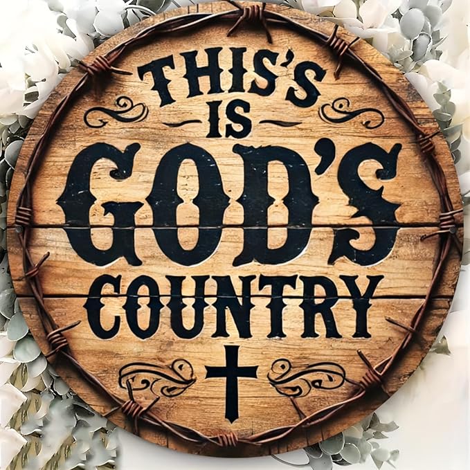 God's Country" Round Metal Wreath Sign - 8x8 Inches, Rust-Proof & Waterproof, Perfect for Home, Office, or Coffee Shop Decor, Bedroom Decoration,Stylish Simple, Perfect for Room Decor