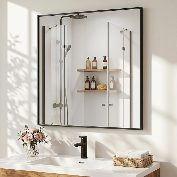 30"x30" Square Black Bathroom Mirror, Shatterproof Tempered Glass, Geometric Narrow Metal Frame Vanity Mirror, Ultra-Flush Wall-Mounted