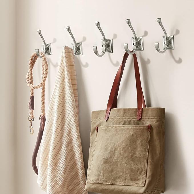 Large Wall Hooks 5 Pack Brushed Satin Nickel Coat Hooks Hardware Towel Hooks for Hanging Coats 4.35 Inch Double Robe Hooks Wall Mounted with Screws for Key, Towel, Bags, Cup, Hat