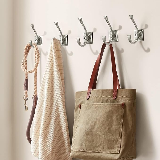 Large Wall Hook Pack, Brushed Satin Nickel, 4.35 Inch Double Robe and Coat Hooks, Towel and Bag Hangers, Wall Mounted with Screws