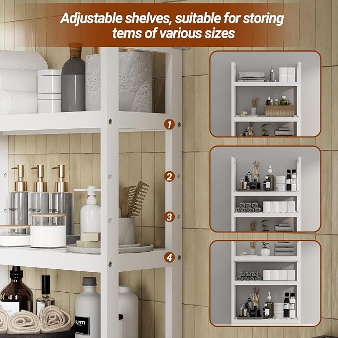 Over the Toilet Storage Cabinet, 3 Tier Over Toilet Bathroom Organizer with Adjustable Shelves and Hooks, Freestanding Wood Bathroom Shelves Over Toilet for Space Saver (White)