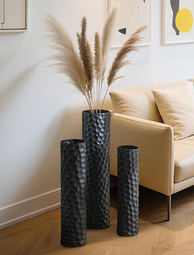 Sziqiqi Black Tall Floor Vase: 27/23/20in Large Floor Vases Standing for Living Room - Hammered Metal Floor Vases Set of 3 - Cylinder Flower Vase for Dining Bedroom Home Corner Indoor Office