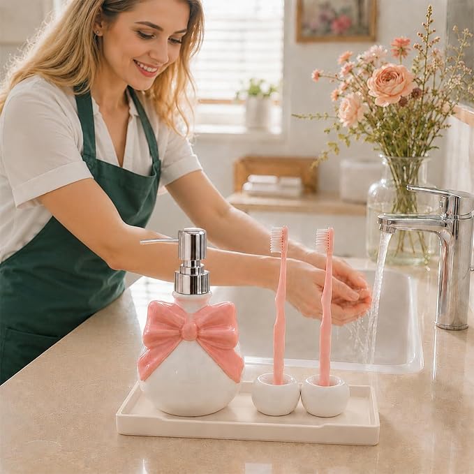 Pink Bathroom Accessories Ceramic Pink Bow Bathroom Set for Bathroom Vanity - Includes Tray, Soap Pump, Toothbrush Holder