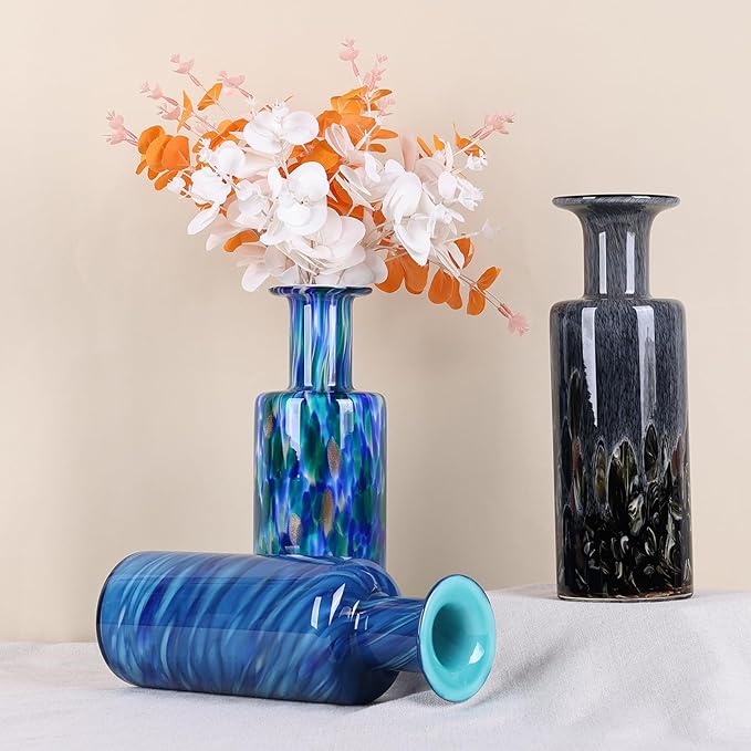 13" H Hand-Blown Glass vase, Modern Art Glass Cylindrical vase, Blue Glass Decorative vase, Ideal for Living Room Dining Table centerpieces, TV Console, Office, or Console Table Decor.