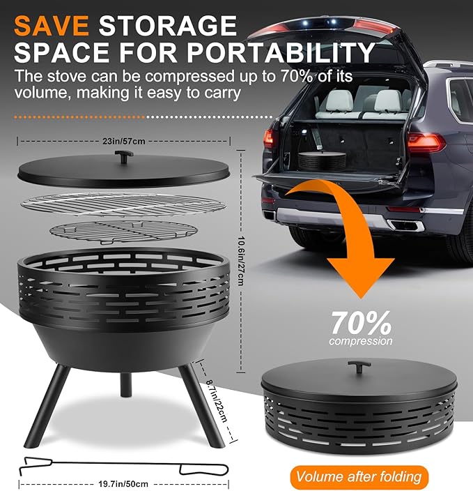 PWSOMJ 23 Inch Cast Iron Round Fire Pit with Grill, 3-in-1 Outdoor Fire Bowl, Fire Pit Table with Metal Lid and Fire Poker, Wood Burning Firepit for BBQ Bonfire Patio Picnic