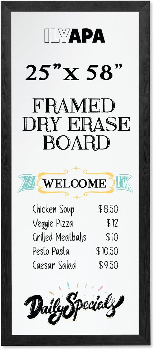 Ilyapa Extra Large Dry Erase Board for Wall - Wood Framed Magnetic White Board - 58 x 25 Inches Decorative Wall Hanging Menu Whiteboard - Black