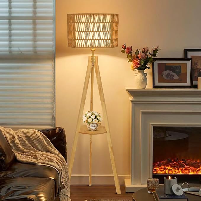 LAMSU Oak Wood Tripod Floor Lamps for Living Room, Boho Floor Lamp with Shelves, Mid Century Rattan Standing Lamp with Fabric Shade, ON/Off Switch, Farmhouse Tall Floor Lamps for Bedroom Office