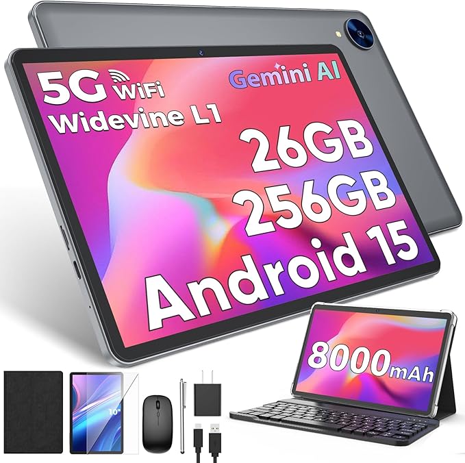 2026 Android 15 Tablet with Keyboard, 26GB RAM, 256GB ROM(2TB Expand), 10 inch tablet with Octa-core, Gemini AI, 8000mAh, 2.4G/5G WiFi, BT 5.0, 5MP+13MP, Tablets with Case, Mouse, Stylus (Black Case)