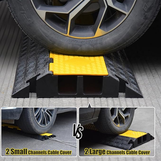 OranLite Large 2-Channel Rubber Floor Cable Protector Ramp, Heavy-Duty Floor Cable Wire Cord Cover Speed Bumps, Driveway Hose Cable Ramp Protective Cover (2 Large Channels)