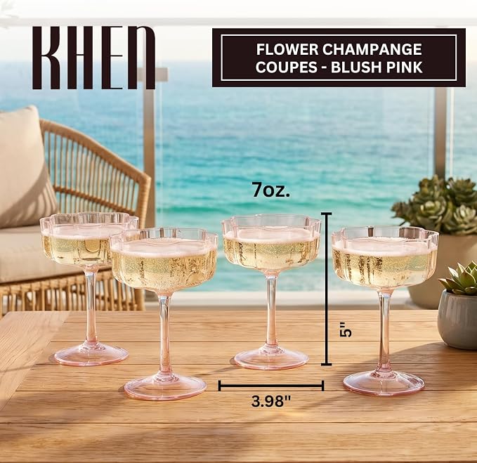 Flower Scalloped Vintage Wavy Petals Wave Glass Coupes 7oz Colorful Martini, Champagne & Cocktails, 4 Set Pink Rippled Champagne Glasses, Elegant Bar Glassware, Unique Aesthetic Coupe Glassware Gifts