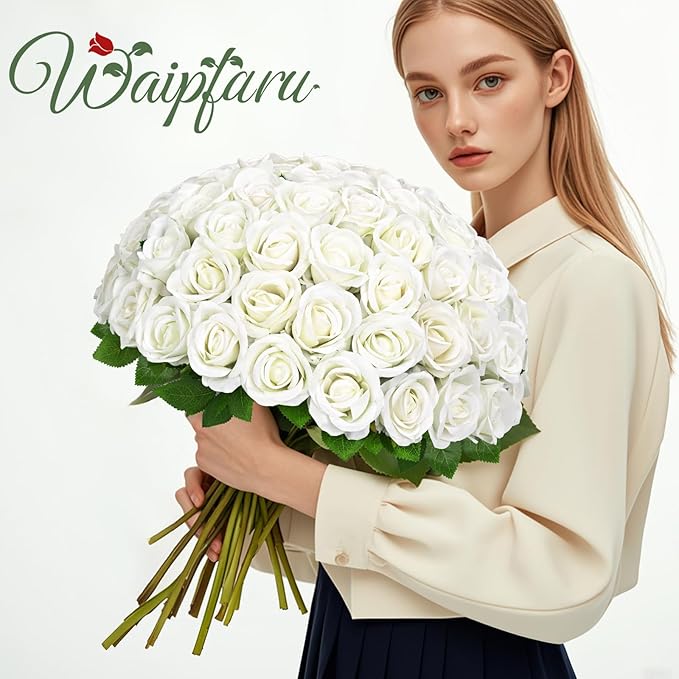 Waipfaru 50 Pcs White Roses Artificial Flowers Bulk, Real Touch Velvet Roses with Wrapping Paper, Fake Flowers for Wedding Centerpieces Bridal Bouquet Valentines Mothers Day Decor