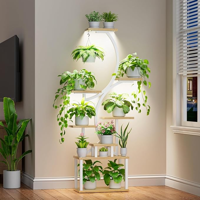 Plant Stand with Grow Lights for Indoor Plants, 8-Tiered Tall Corner Plant Shelf with Full Spectrum Light, S-Shaped Space-Saving Narrow Flower Holder, Anti-Tip for Living Room Bedroom Office, Natural