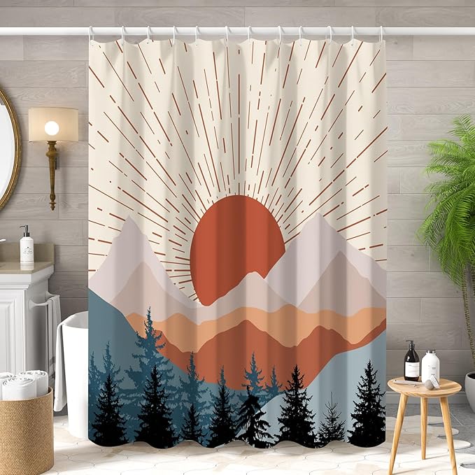 Abstract Mid Century Shower Curtain Boho Sunset Geometric Mountain Forest Aesthetic Shower Curtain Bohemian Minimalist Bathroom Decor Curtains Waterproof Fabric with Hooks 60x72 inch
