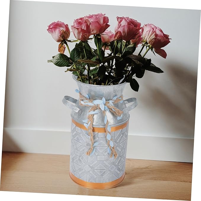 Vintage Galvanized Iron Flower Bucket Decorative Floral Art Container Creative Plant Holder for Home Garden Office Display Smooth Surface