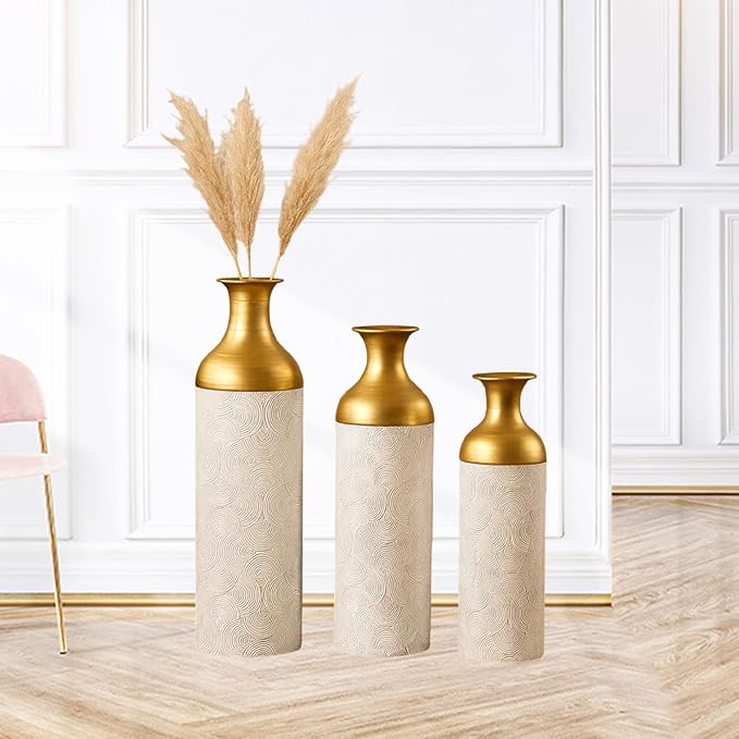 3 Pieces Metal Floor Standing Vase Set Texture 26.7inch 20inch and 16inch Sturdy Accessory Detachable Design Versatile