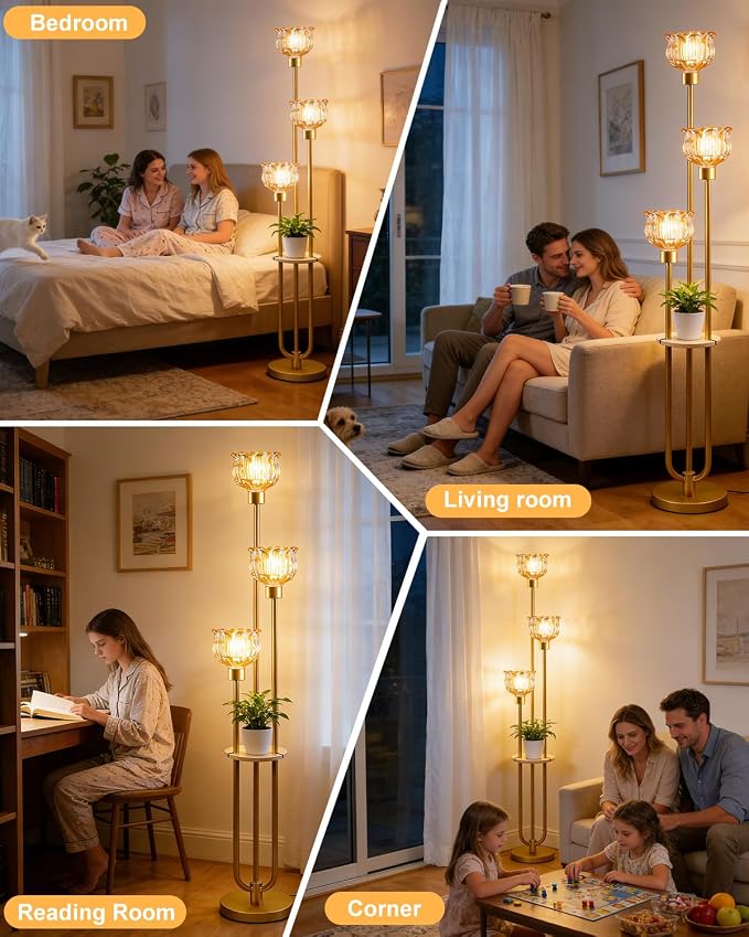 Lightdot Glass Floor Lamp for Living Room 3-Lights Modern Gold Floor Lamp with Amber Glass Shade 3000K Bulbs Included Unique Tall Standing Lamp with 5Lb Heavy Base for Bedroom/Sofa Beside/Corner Decor