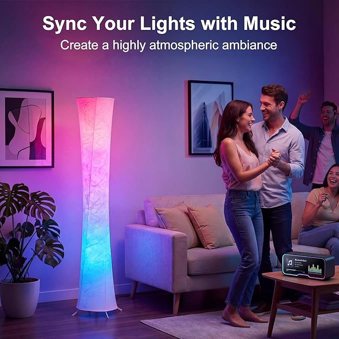 61'' Round Floor Lamp, RGB LED Corner Floor Lamp with Music Sync, 16W+ Colors & 3 Color Temperatures, APP & Remote Control, Modern Standing Lamp for Living Room Bedroom