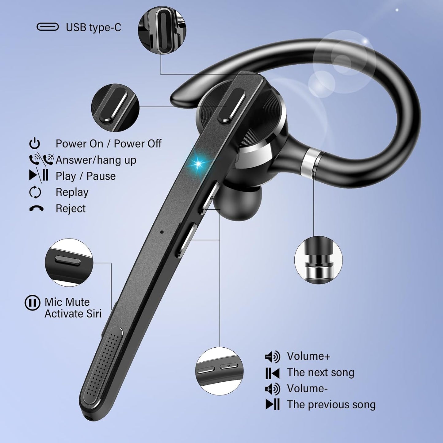 Thunelec Bluetooth Headset - Wireless 5.3 Earpiece with 90Hrs Battery Life & APTX HD Audio | Dual Noise Cancelling Mics
