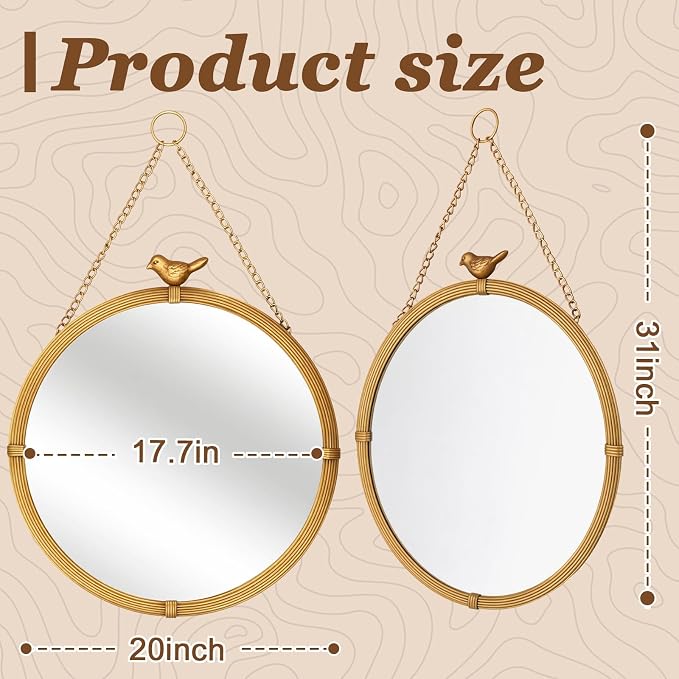 Vercraft Vintage Gold Decorative Wall Mirror with Bird Accent, 20" Large Round Hanging Mirror with Chain, Antique Style Metal Frame Accent Mirrors for Entryway Bedroom Bathroom