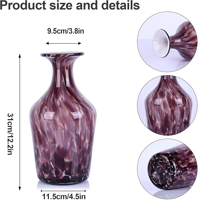 Hand Blown Glass Vase Plum – Murano Style Art Glass Vase with Wide Mouth for Flowers, Bubble Vase, Decorative Centerpiece for Dining Table, Coffee Table or Living Room Display (Purple)