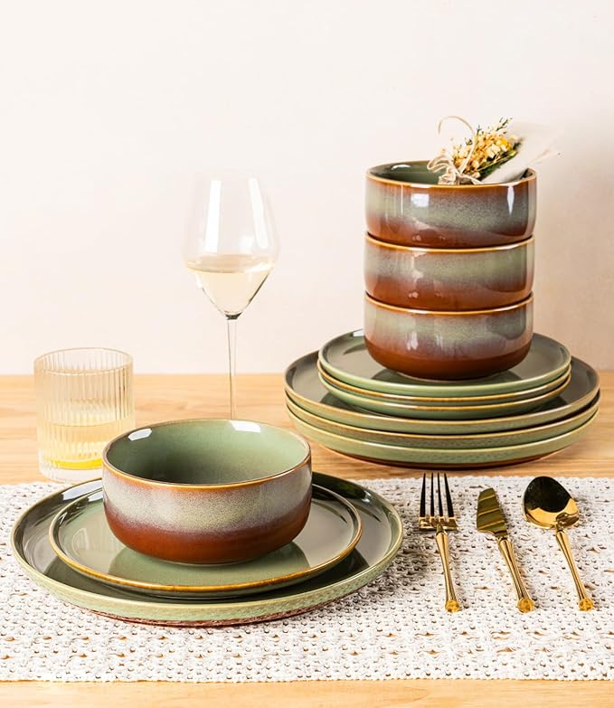 TheTerra Ceramic Dinnerware Sets for 6, 18 Pieces Handmade Reactive Glaze Plates and Bowls Set, Scratch Resistant Dish Set, Oven & Microwave & Dishwasher Safe, Sage Umber
