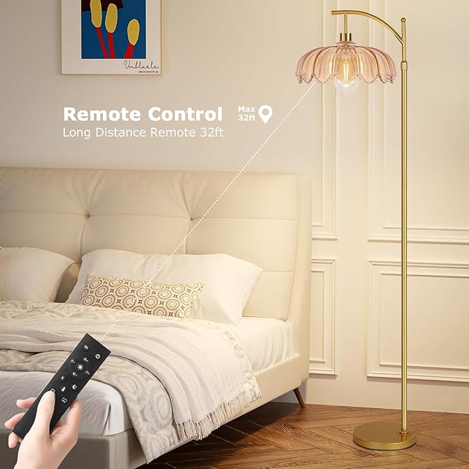 QIYIZM Floor Lamp for Living Room,Bedroom,Gold Dimmable Standing Lamp with Remote,Mid Century Modern Brass Tall Lamp Retro Vintage Glass Lamp Floor Light Boho Bohemian