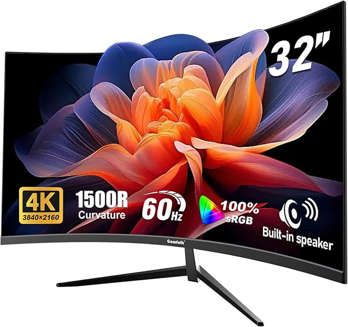 Gawfolk 32 Inch 4K UHD Curved 1500R Computer Monitor, Ultra-Clear (3840×2160p) Screen, 100% sRGB, 178° Viewing Angle, DisplayPort, HDMI, Compatible with Wall Mounting 100 * 100MM - Black