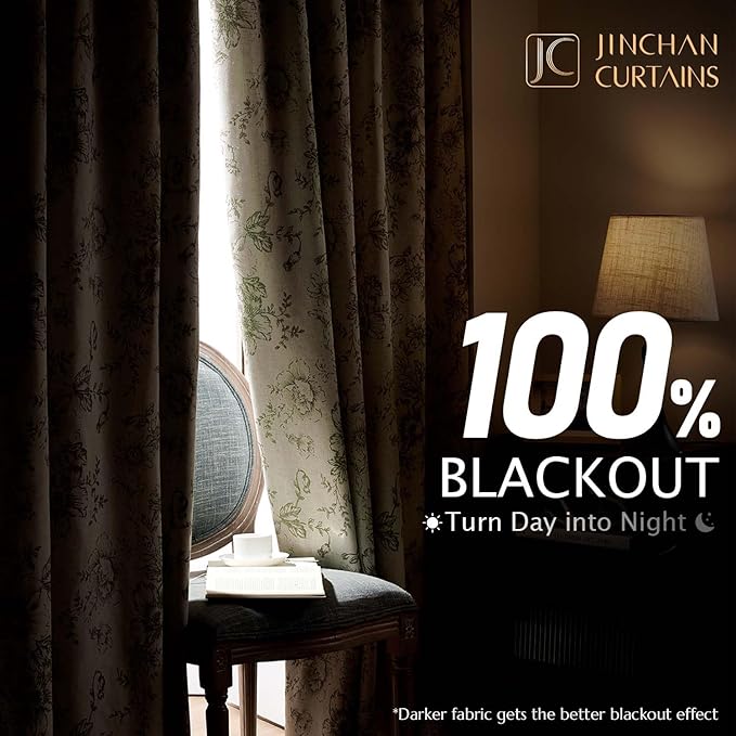 jinachan Blackout Curtains Linen Blend Floral Curtain for Living Room 90 Inch Length Christmas Sage Green Flower Printed with Lined Blackout Drapes for Bedroom Farmhouse Curtains Set 2 Panels