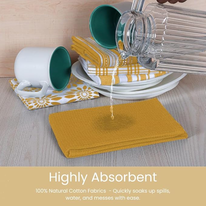 Assorted Kitchen Towels - Mustard Yellow Towels, Set of 5, 16x26 in - Absorbent 100% Cotton Dish Towels with Hanging Loop - Waffle Weave Tea Towels for Drying Dishes, Glassware & Counters