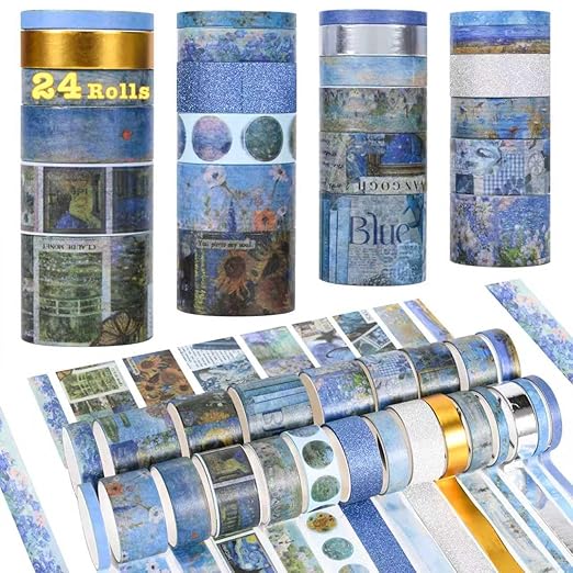 FTTELK 24 Rolls Vintage Washi Tape Set,Glitter Floral Decorative Adhesive Tape for Scrapbooking Supplies,Junk Journal,DIY Crafts,Planners and Gift Wrapping(Art Oil Painting Series)