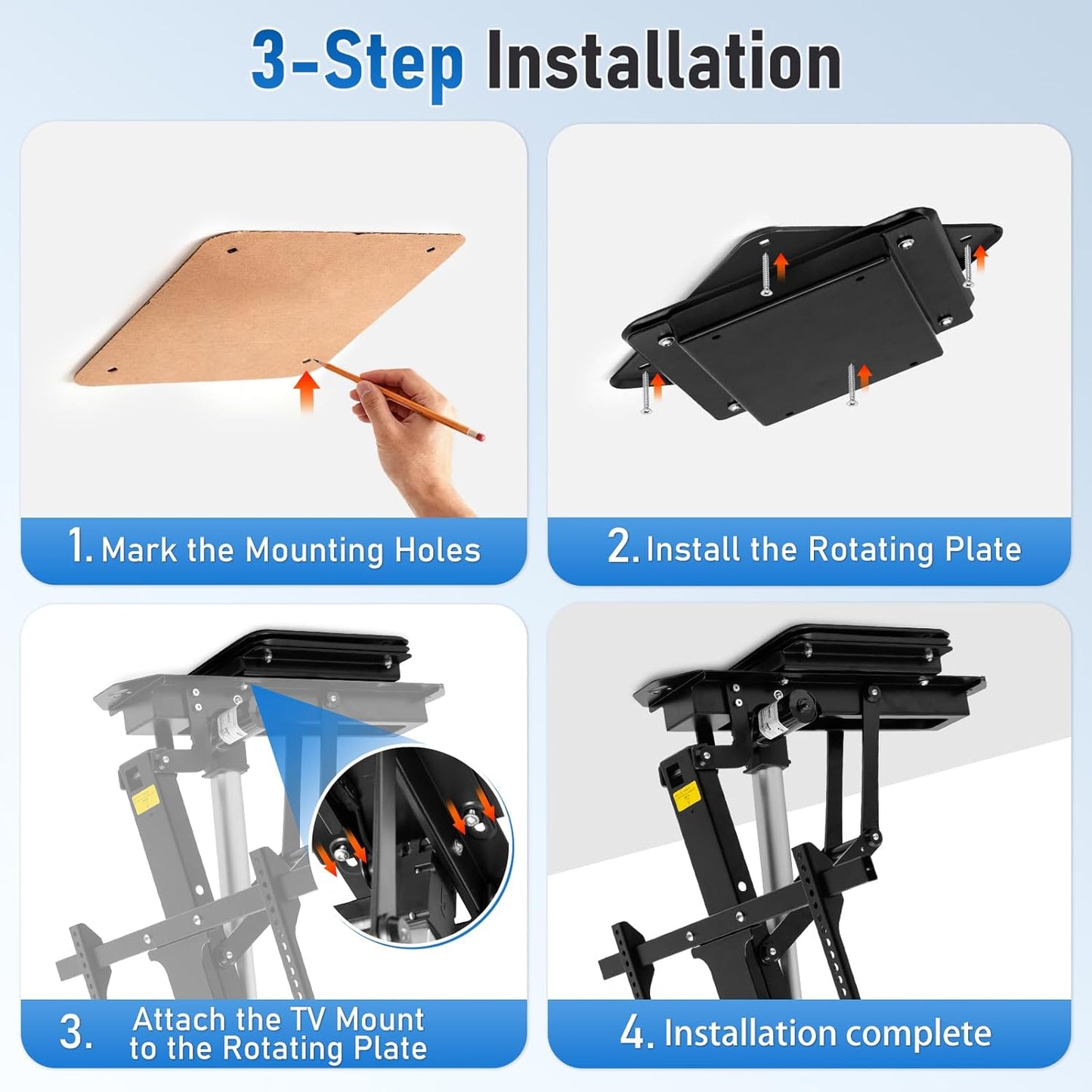 TOPSKY 360° Rotation Ceiling TV Mount - Heavy-Duty Turntable Accessory, 10.24"x10.24" Compatible
