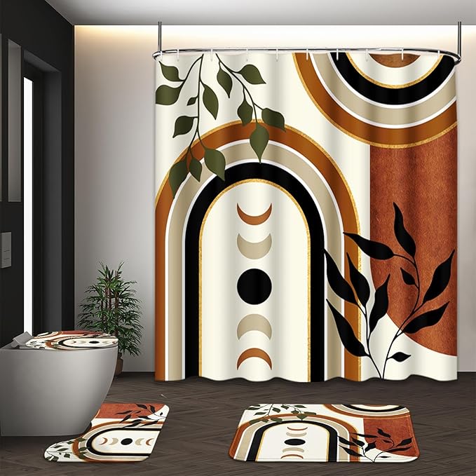 Boho Mid Century Shower Curtain Set with Toilet Lid Cover and Non-Slip Rugs, Cute Aesthetic Abstract Leaves Geometric 4 Pcs Modern Minimalist Shower Curtain for Bathroom Set with 12 Hooks