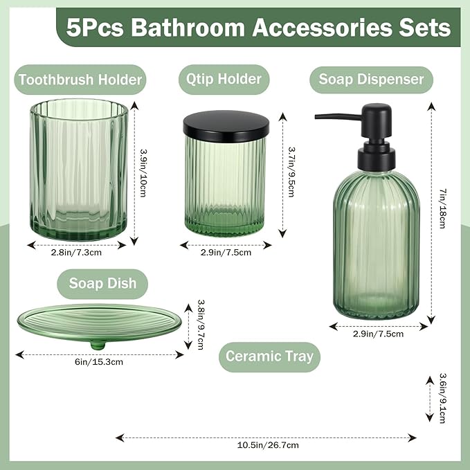 Shinowa Bathroom Accessories Set, 5 Pcs Clear Glass Bathroom Accessory Sets Complete with Soap Dispenser, Toothbrush Holder, Q-Tips Holder, Soap Dish, Ceramic Tray, Vanity Organizer, Green