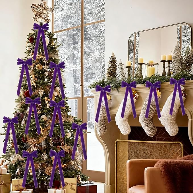 JOICEE 15Pcs Velvet Bows Christmas Tree Decorations, 5 x 12 Inch Wreath Bows Rustic Crafts Gift Ribbon Bow for Xmas Tree Topper Garland Fireplace Mantel Staircase Wedding Home Decor(Purple)