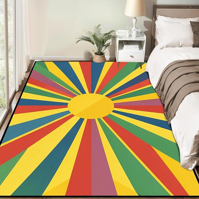 Rainbow Sunburst Area Rug Colorful Geometric Sun Carpet Soft Non-Slip Washable Floor Mat for Entryway Bedroom Living Room Nursery Playroom Classroom Home Decor,3'x5'