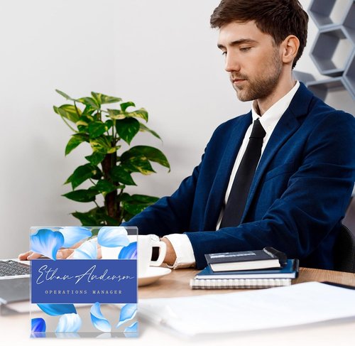 Custom Professional Office Desk Signs - Personalized Acrylic Name Plates | Unique Employee Appreciation Gifts - Square (Blue Petals)