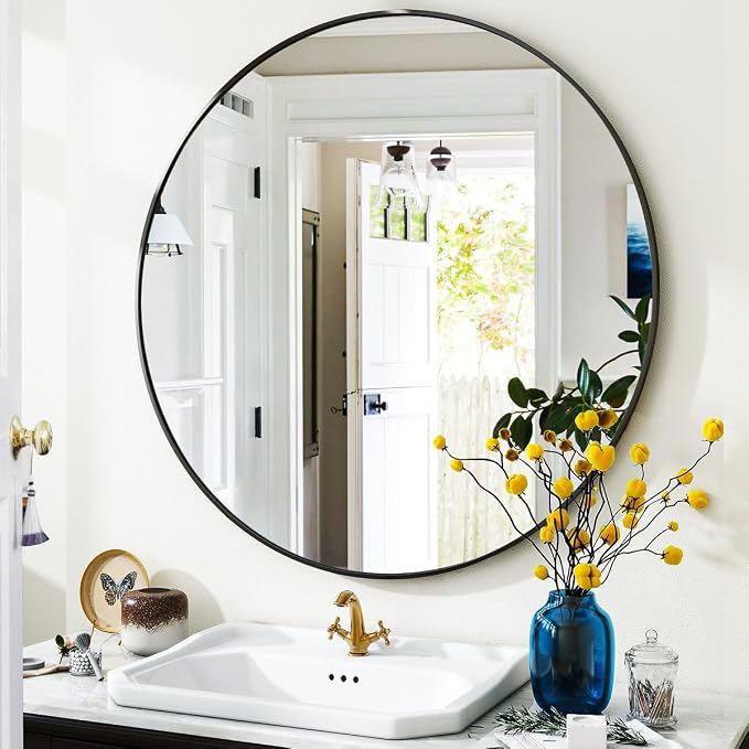 VooBang Black Round Bathroom Mirror, 24 inch Circle Wall Mounted Hanging Mirror with Simple Modern Circular Metal Frame for Hallway, Entryway, Living Room, Black Frame