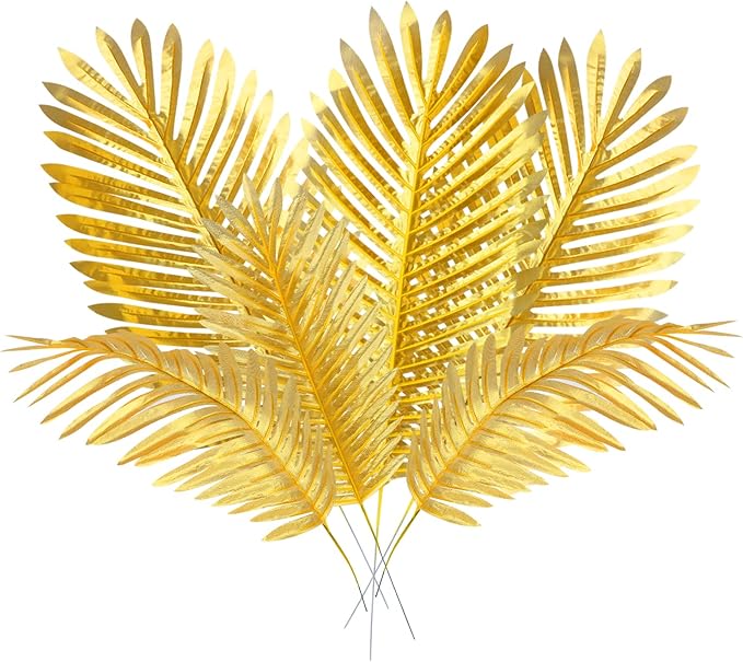 CCINEE 12 PCS Golden Artificial Palm Leaves, Assorted Sizes Faux Large Palm Fronds Fake Tropical Plant Simulation Safari Leaves with Stems for Home Hawaiian Luau Party Jungle Beach Theme Party