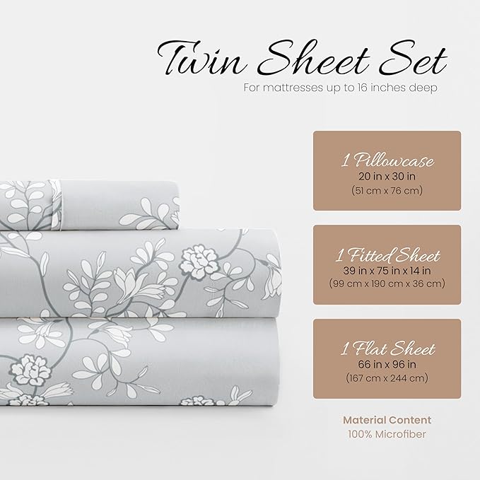 Linen Market Double-Brushed Patterned Microfiber Twin Sheet Set 3 Piece – Oeko-TEX Certified Ultra Soft & Wrinkle-Free - 16" Deep Pocket Sheets - Easy Care Twin Size - Trellis Vine Light Gray