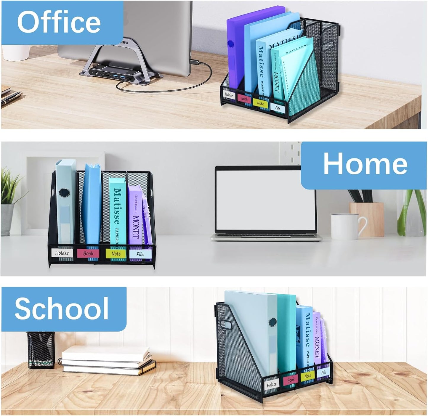 Skiennix Metal Magazine File Holder - Stylish Desktop Organizer with 4 Vertical Compartments for Home & Office