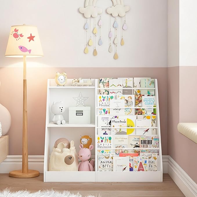 Lkeiyay Kids Bookshelf and Toy Storage,Nursery Bookshelf,Single-Sided Book Display with Storage,White