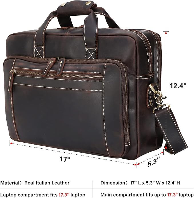 compalo Men's Solid Thick Full Grain Leather 17.3" Laptop Briefcase Classic Messenger Bag Fit Business Travel | Solid, Thick, Full Grain Leather, 17.3", Classic, Fit, Business Travel